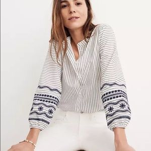 Madewell striped, contrast cuff, embroidered-sleeve shirt, navy blue, size S